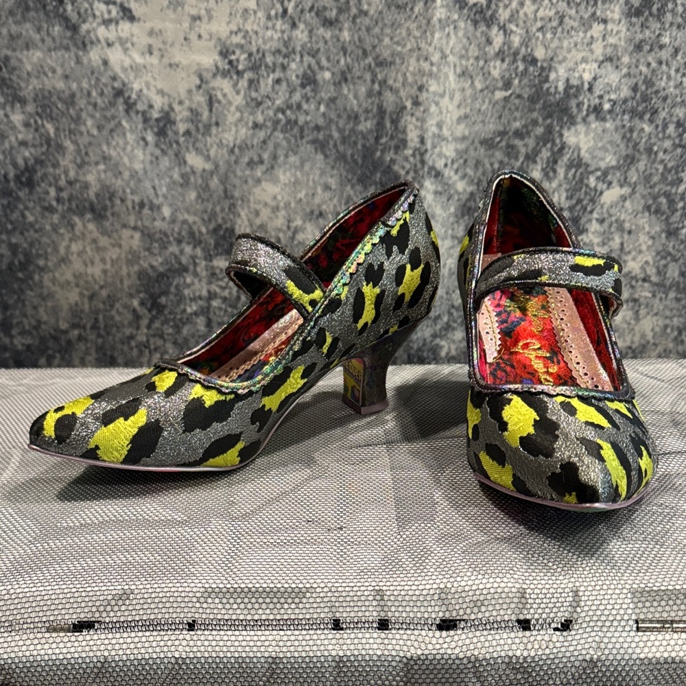 Irregular Choice metallic leopard print oil spill Mary Jane heels